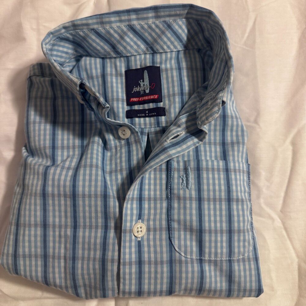 Boys 4 Johnnie-O Blue Performance Long Sleeve Button Down EUC Prep-formance